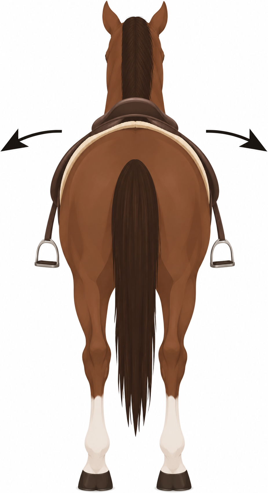 Illustration eines seitlich rutschenden Sattels auf einem Pferd von hinten
